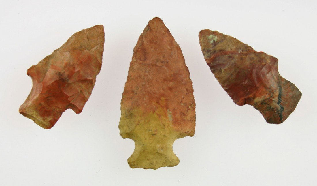 Beautiful Trio of Stemmed Points: Biggest is a beautiful 2 1/4" Table Rock. All from Giles Co., Tennessee. All extra pretty yellow and red Jasper. Ex- Judge Walker Collection.