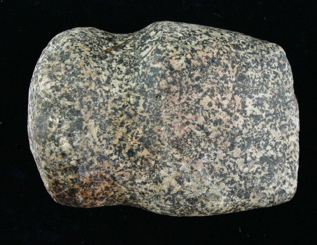 2 3/4" Mini 3/4 Groove Axe: Rare in this small size. Great example. Nice overall polish. Pretty salmon, white, and black speckled granite. Found in Fayette Co., Kentucky. Ex- Dr. Joe Daugherty Collection.