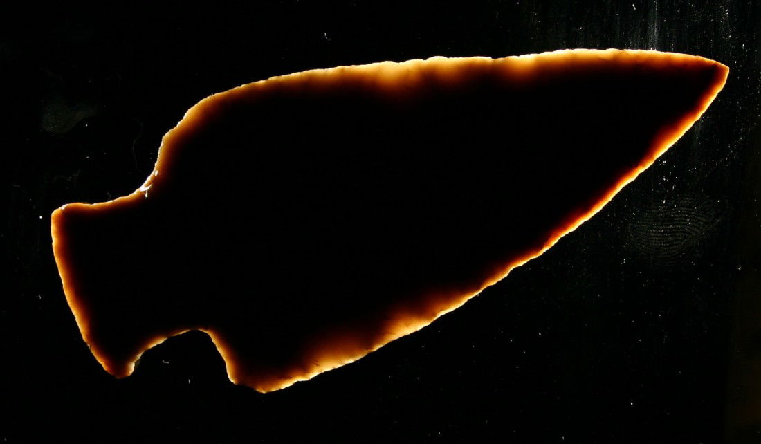 4 3/16" Hopewell: Awesome big example. Glossy gray Hornstone. Found in Mason Co., Kentucky. Ex- Mitchell Collection.