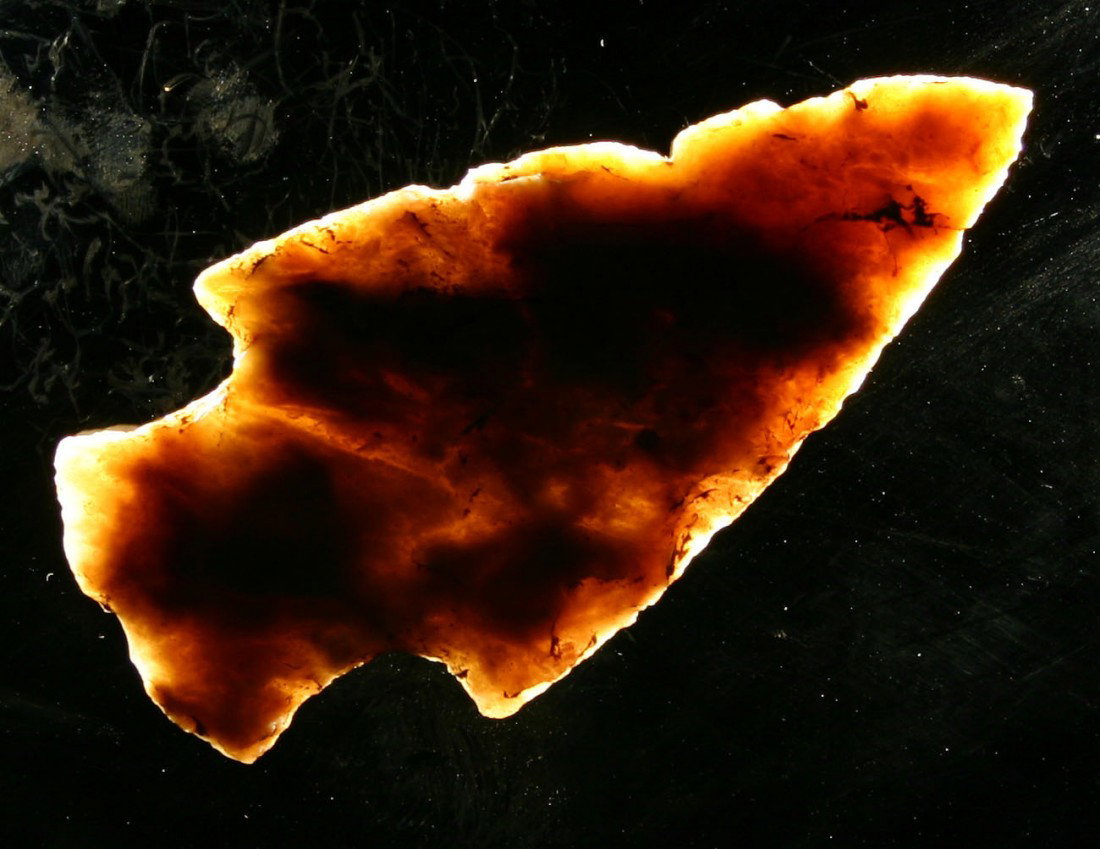 2 3/4" Hopewell: Killer red, white, yellow, and cream translucent Boyle Chert. Ultra thin and well made. Found in Bath Co., Kentucky. Ex- White Collection.
