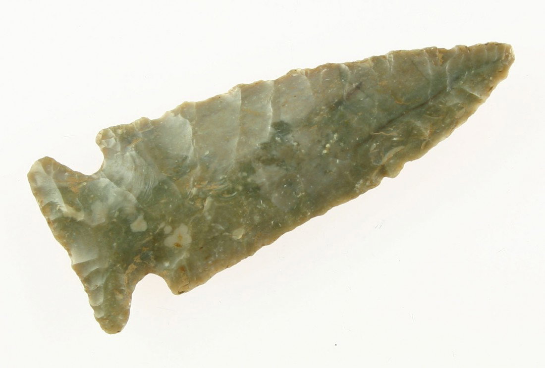 Showstopping 2 3/4" Big Sandy: Perfect in every way including extreme gloss and color. Made of high grade Boyle Chert. Found in Montgomery Co., Kentucky. Ex- Blevins Collection.
