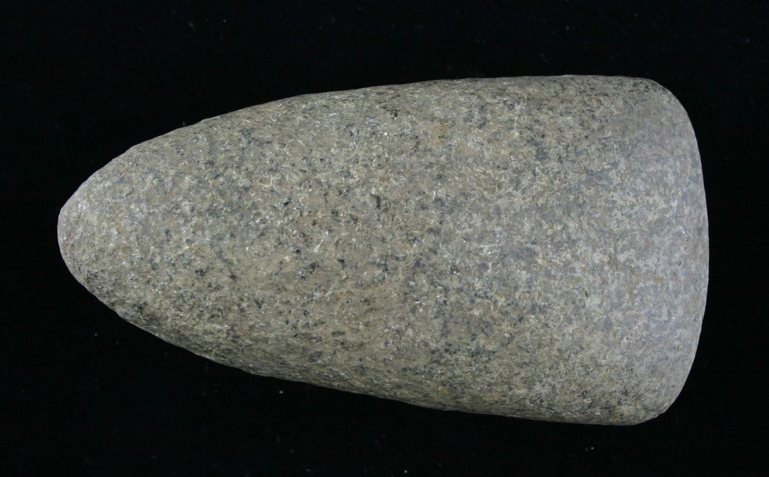 Perfect 3 3/8" Celt: Pretty speckled granite. Polished over its entirety. Found in Fayette Co., Kentucky. Ex- Dr. Joe Daugherty Collection.