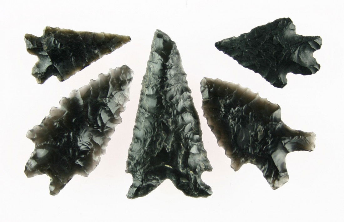 5 Awesome Obsidian Bifurcates: Biggest is 1 7/8". All excellent examples, Elkos and Pinto Basins. All from Harney Co., Oregon.