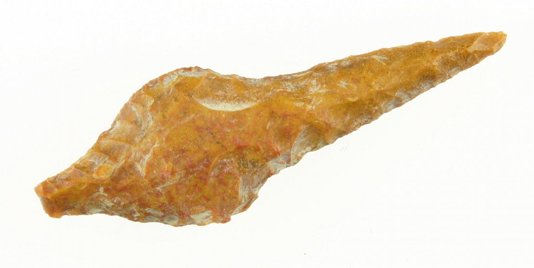 3 1/8" Drill: Unique form. Great symmetry. Made of extra pretty multi-toned yellow and red Jasper from Washington State. Ex- Hammond Collection.