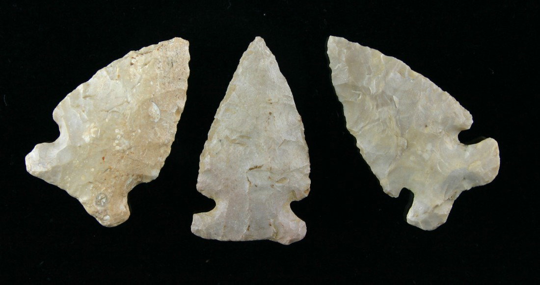3 Superb Kentucky Big Sandy points: Great symmetry. Excellent condition. All have heavily ground bases. Approximately 1 1/2" each. Boyle Chert and Fort Payne. All found in Montgomery Co., Kentucky. Ex- Blevins Collection.