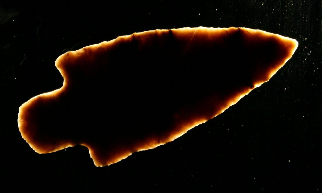 3 7/16" Adena Robbins: Beautiful translucent Ohio Flint Ridge. Thin and excellent. Ex- Mitchell Collection.