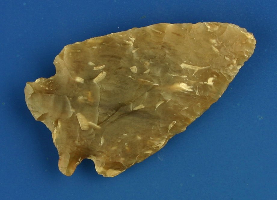 1 13/16" Translucent Knife River Flint Hanna: Great Knife River example with nice root beer color and great translucency. Ex- Lloyd Dugstad Collection, Who's Who Vol. 2, page 59. Jackson COA.
