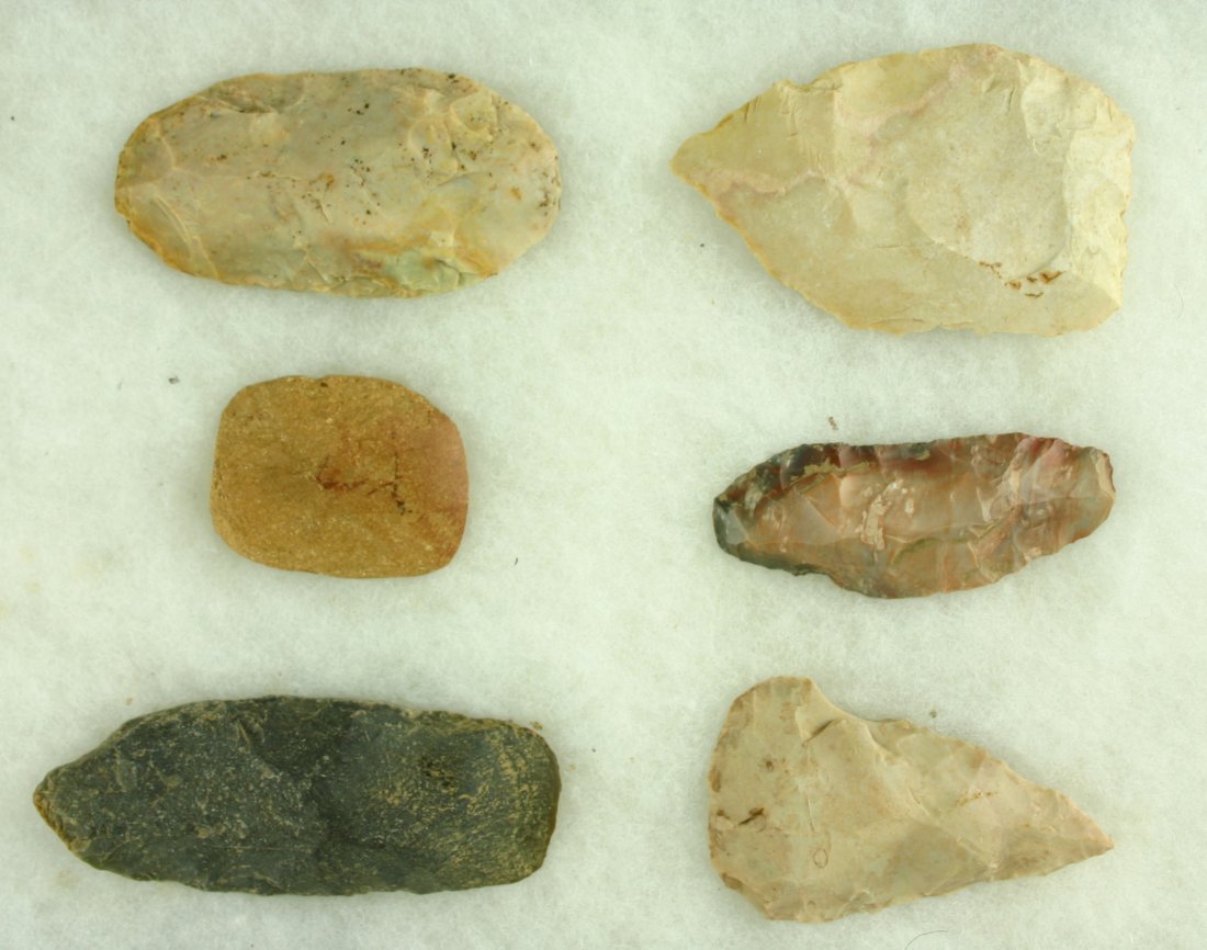 6 Impressive Tools from Butch Clark's Collection: 3 Celts all with perfect bits made of Breatitt, Boyle, and a caramel colored hardstone. 3 Knives with one being Paleo and extremely pretty. Longest in the lot is almost 4 inches. All from Kentucky.