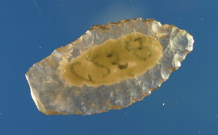 7/8" Translucent Spedis II: Superb example. Translucent Ice Obsidian with exquisite transverse flaking. Truly a little gem. Old collector #C258. Oregon. Ex- Butch Clark Collection.