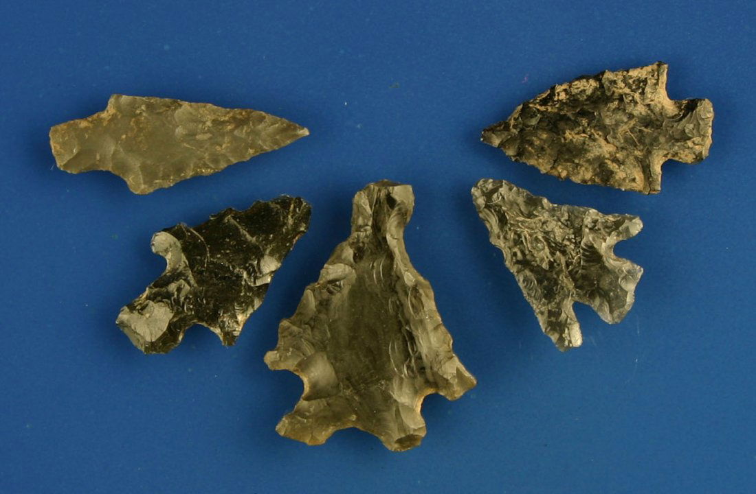 5 Great Obsidian Darts: One hammer-head Elko, one Columbia River, 3 Rose Springs stemmed. All nice. All from Southern Oregon. Biggest is 1". Ex- Butch Clark Collection.