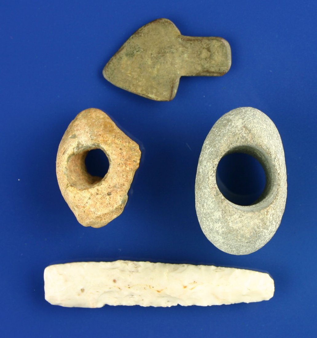 Mixed 4 Piece Lot: Nice reed drilled stone bead or atl-atl weight, flint drilled stone bead, Historic metal trade point well patined, and a great pencil/pipe drill made of white and gray flint. All recovered in Washingt