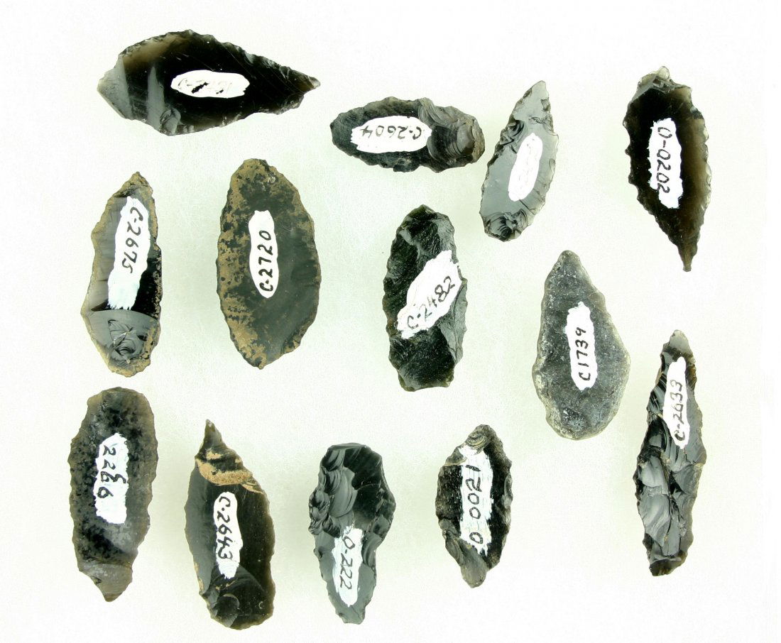 Bakers Dozen of McKee Unifaces: All Northern California. All obsidian. Biggest measures 2 inches. Ex- Butch Clark Collection.