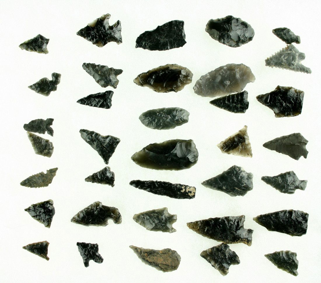 35 Assorted Obsidian Points: Southern Oregon. Ex- Butch Clark Collection.