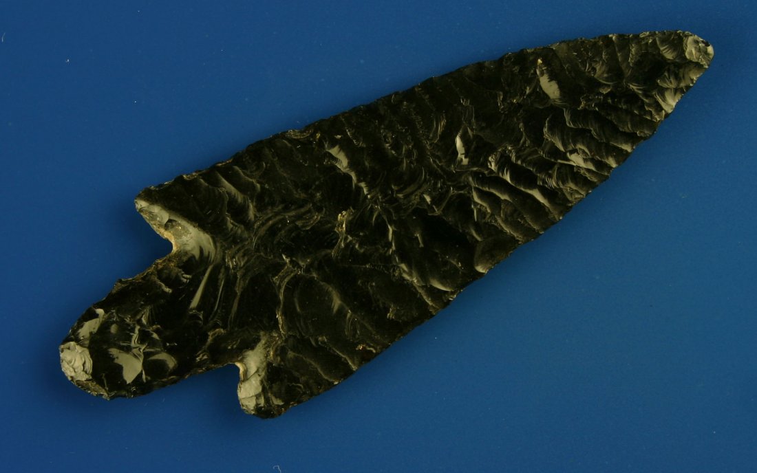 3 13/16" Translucent Teotihuacan Knife: Wonderful green Obsidian example from the Valley of Mexico. Circa 1200AD. Grandfathered.