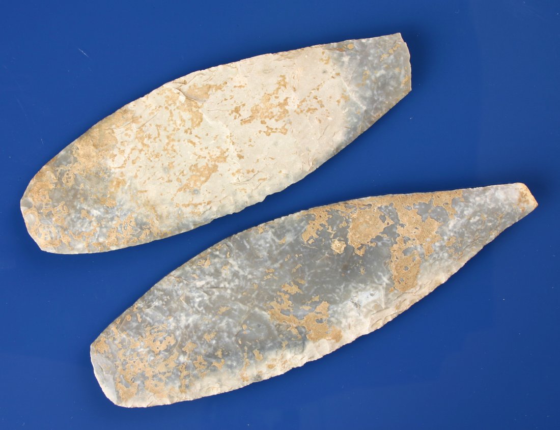 Pair of RARE Large Angostura Blades: Incredibly rare pair of Angostura blades found together sandwiched between two flat rocks in the Angostura level at the Bottoms on Onion Creek in Travis Co., Texas. Found by David McIntosh. Excellent 