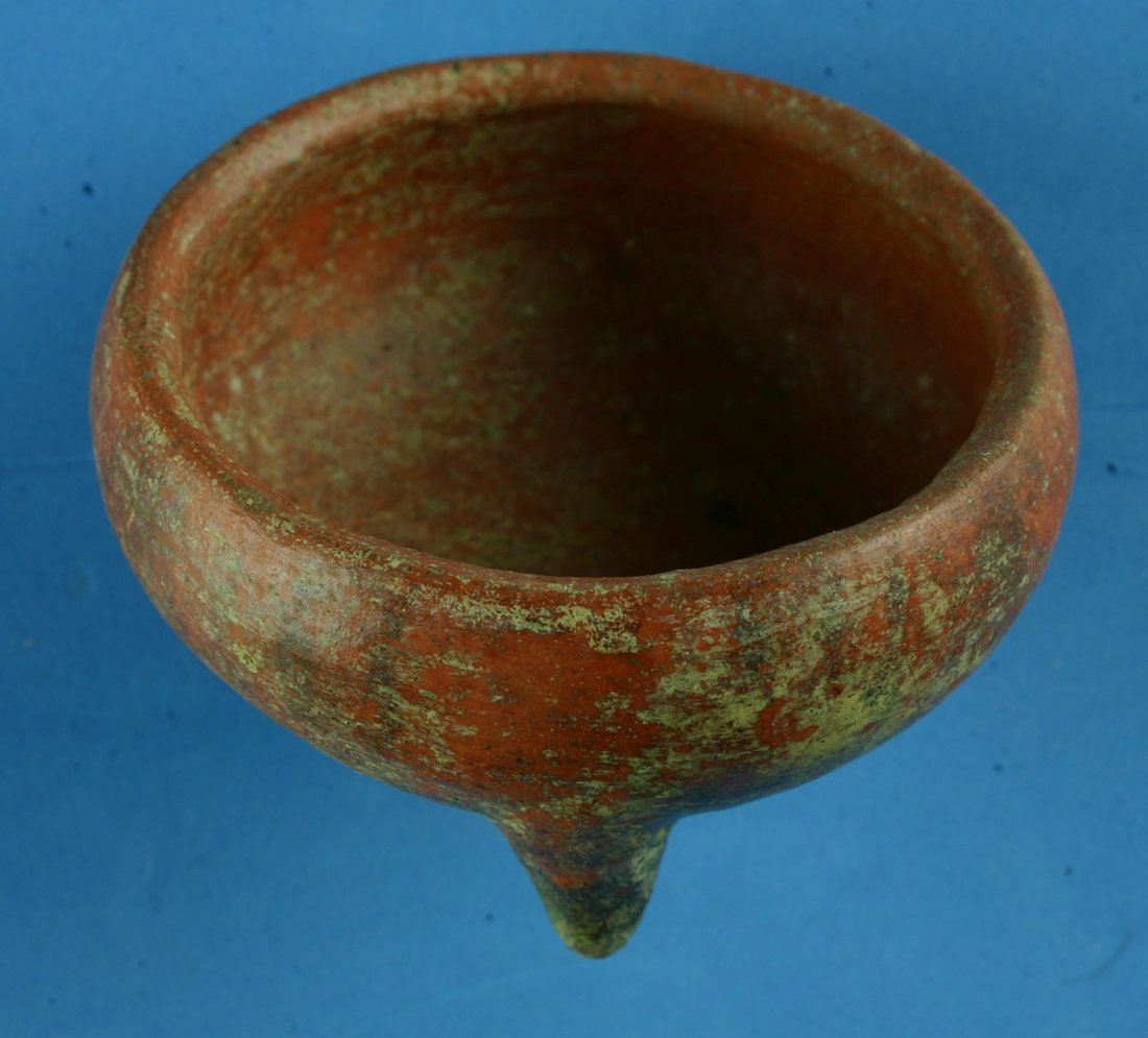 2 1/2"x4" Precolumbian Tripod Bowl: Nicely done redware bowl with black details from Central America. Ex - Dr. Joe Daugherty Collection.