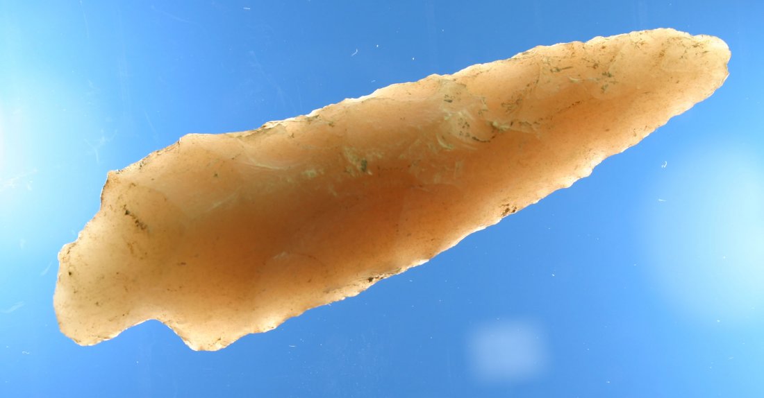 3 1/4" Translucent Gary: Very pretty highly translucent rose-Novaculite piece found by Harvey McGehee in Jefferson Co., Arkansas. Harvey McGehee's Collection is featured in Who's Who in Indian Relics #3, pg 222-223.