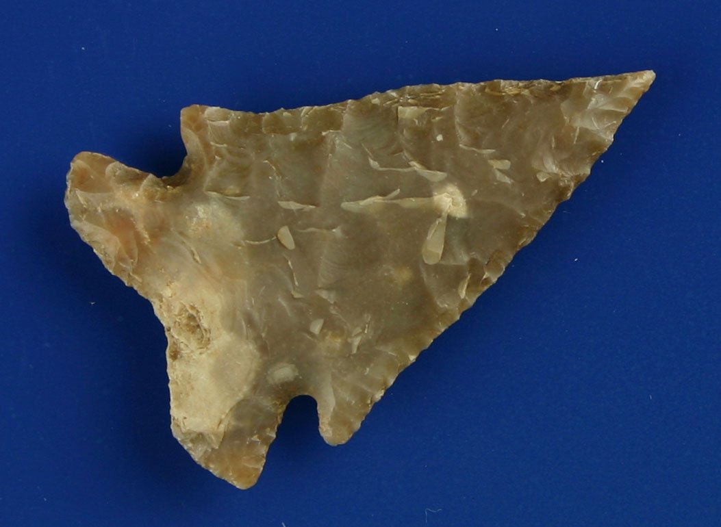 1 3/4" Ensor Split-Base: Needle tipped tranlucent example found by David McIntosh at 'OCB' on Onion Creek in Hays Co., Texas near Camp Bend.