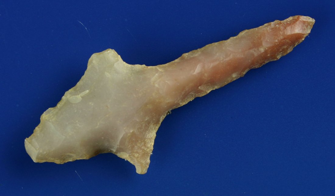 2 3/4" Translucent Gary Drill: Wonderfully colorful Novaculite example found by Harvey McGehee in Jefferson Co., Arkansas. Harvey McGehee's Collection is featured in Who's Who in Indian Relics #3, pg 222-223.