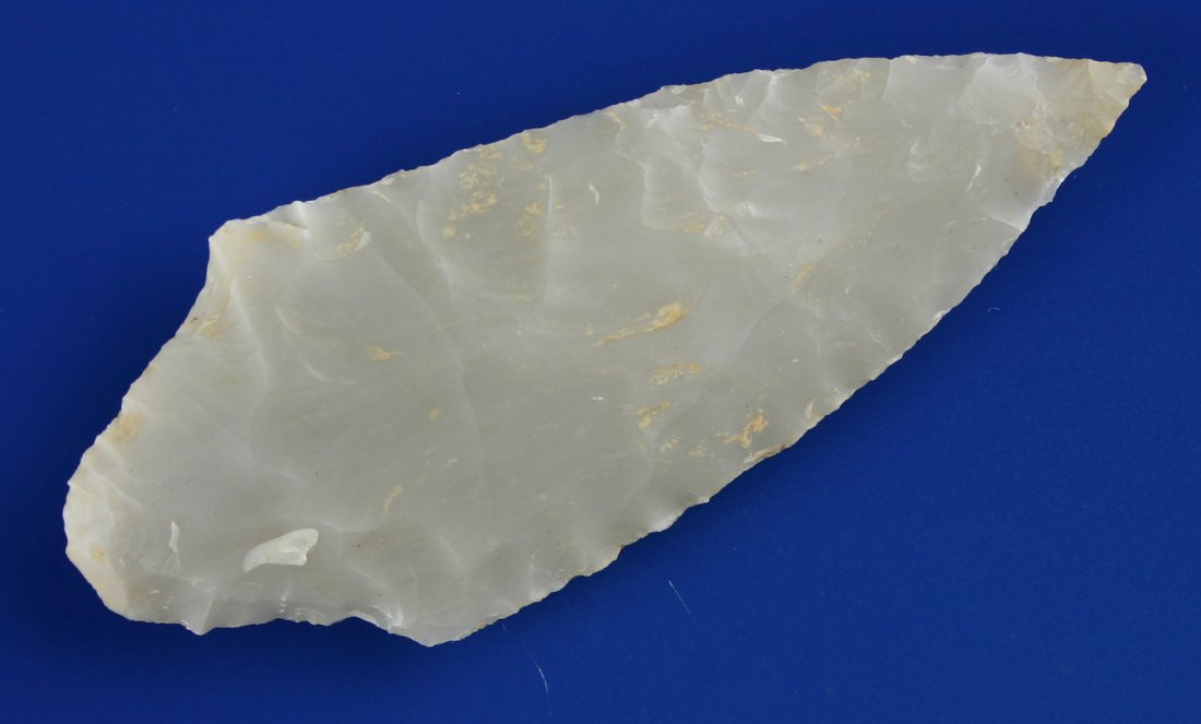 3 5/16" Translucent Gary: Totally translucent perfect example in gray Novaculite. Found by Ruben Rankin in Saline Co., Arkansas.
