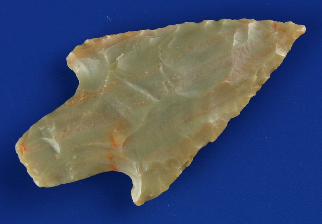 Choice 2 5/16" Carter Cave Waubesa: Pretty caramel colored Carter Cave flint with red capillaries and lots of translucency. Found in Bath Co., Kentucky.