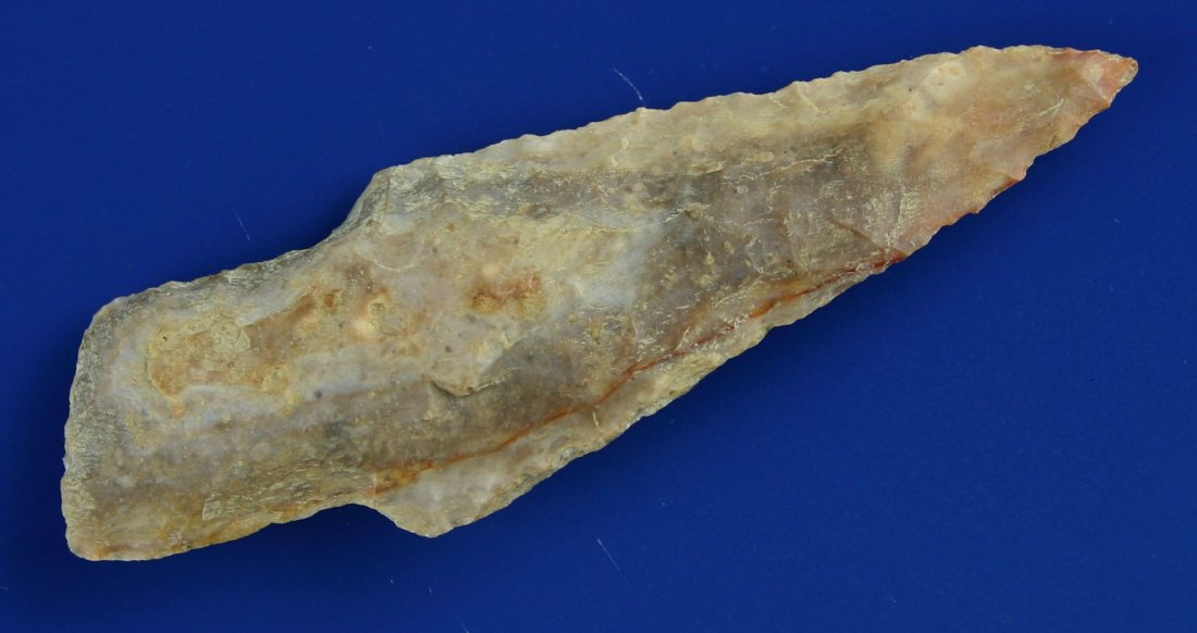 Rare 3 1/4" Cody Knife - Rogers COA: Pretty banded gray, tan, and brown chert. Found in Lincoln Co., Nebraska. Rogers COA.