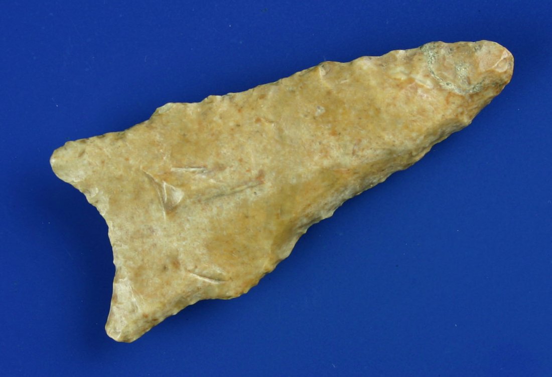 2 3/8" Dalton: Pretty river polished caramel colored chert. Found near Ponca City in Kay Co., Oklahoma. Ex- Wooley Collection.