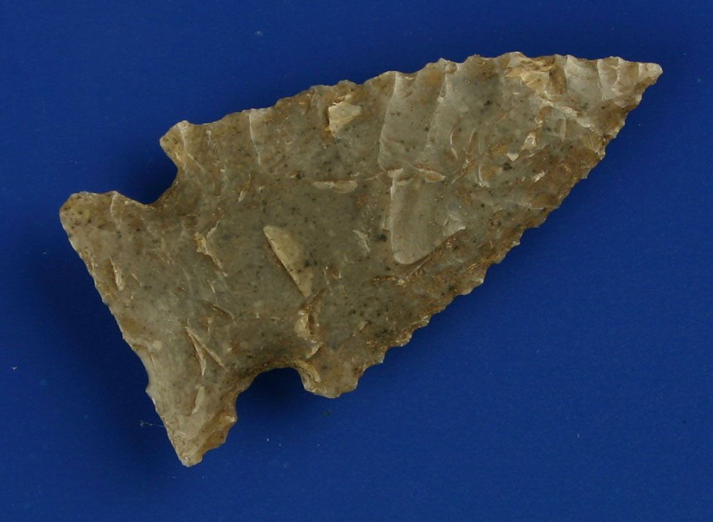 1 13/16" Translucent Serrated Ensor: Nicely made example found at Turkey Hill near Bear Creek in Hays Co., Texas.