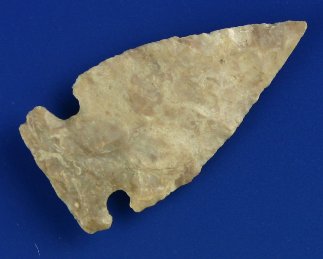 Superb 1 3/4" Knights Island: Pretty Boyle Chert with nice translucency. Perfect form and symmetry. Ultra thin. This one has it all. Found in Bath Co., Kentucky. Ex- Humphries and Harris Collections.