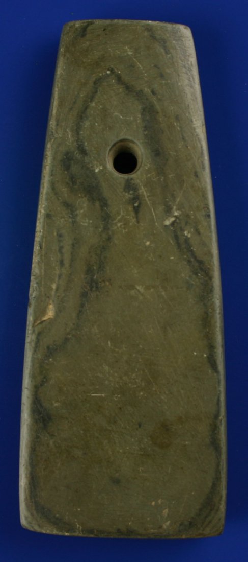 5 1/8" Adena Trapezoidal Pendant: Nicely done example from Cherry Valley, New York. Green Banded slate.