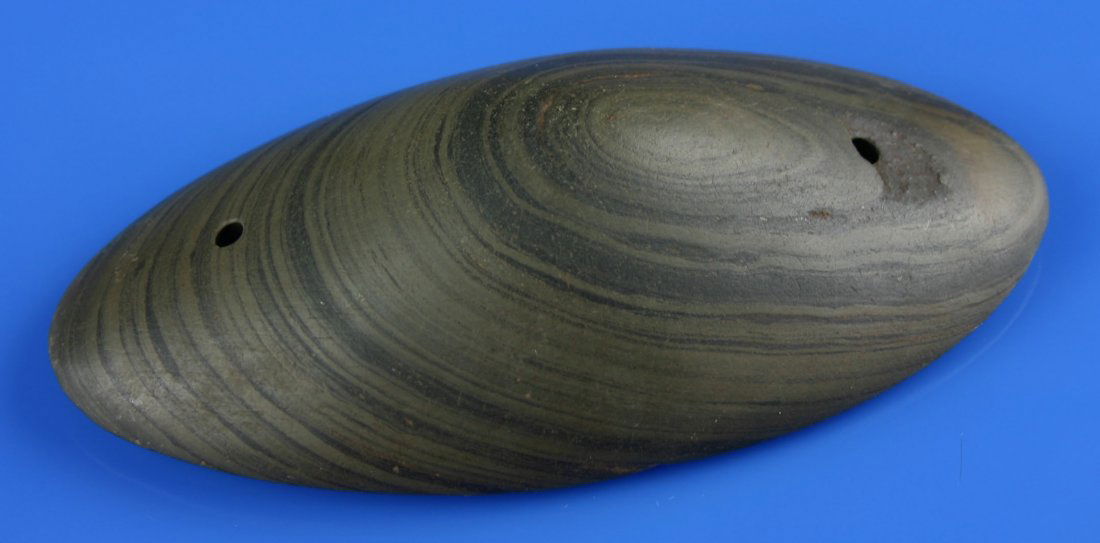 4 13/16" Humpback Gorget or Boatstone: Wide Green banded slate example with concavity of base. Ohio.