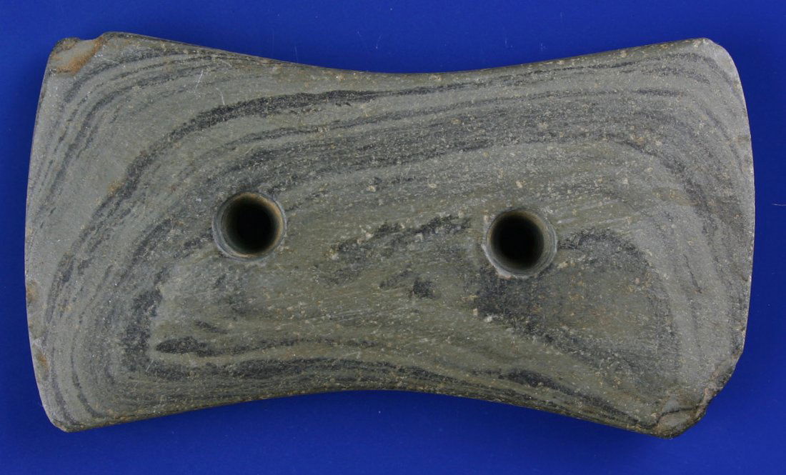 3 3/8" Biconcave Gorget - Jackson COA: Green banded slate. Nice thinness, color, and polish. Found in Williams Co., Ohio. Jackson COA.