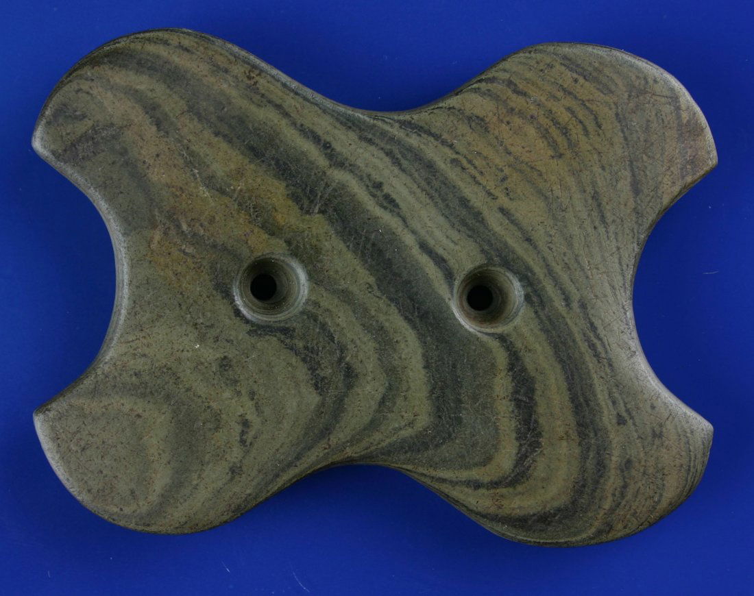 3 11/16" Quadriconcave Gorget: Green Banded Slate example from Ohio formerly of an Eastern Institution.