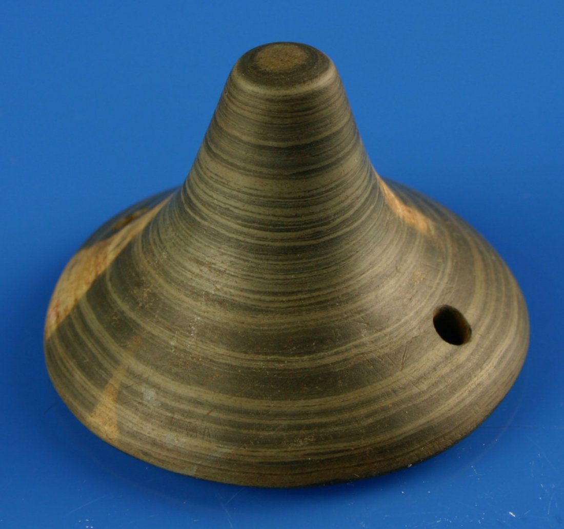 2 7/16" Spineback Gorget: Shorter more compact example than usual with qualities of some Cones. Perhaps insight into Cone development. Green Banded Slate with Ochre. Ohio.