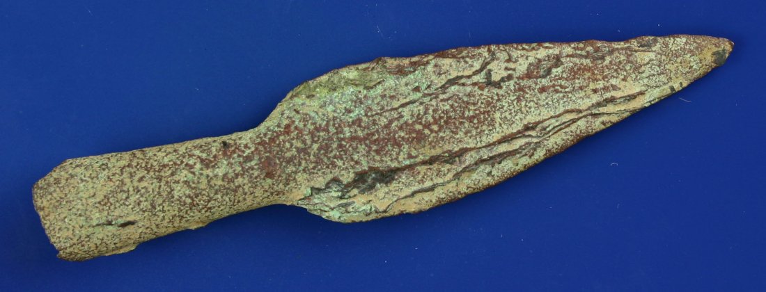 4 7/16" Socketed Copper Spear: Excellent example made from Glacial Drift Copper found in Waukesha Co., Wisconsin by the Schug Family. Old Copper Culture approx. 2,000-6,000 years old.