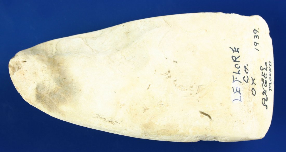4 3/16" Shell Adze: Heavy Thick piece of shell marked as found in 1939 in LeFlore Co., Oklahoma at 'Angel Mound'. Formerly of an Eastern Institution.