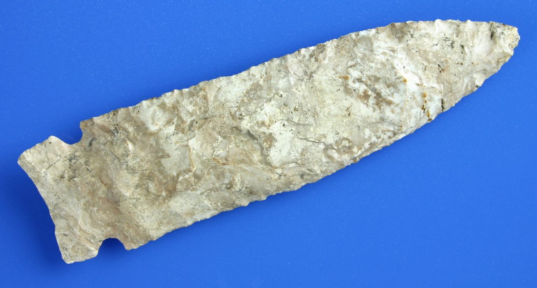 5 13/16" Osceola Spear: Large example with excellent mineralization in a wonderfully mottled cream and beige flint. Found by Ernest Schug in the late 1950's on the Gustof Miller Farm in Waukesha Co., Wisconsin. Ex - Schug Fa