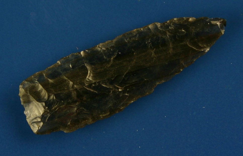 1 7/16" Atl-Atl Dart: Gorgeous banded obsidian example from Washington. Ex - William Kirkland and Bill Rolands Collections.