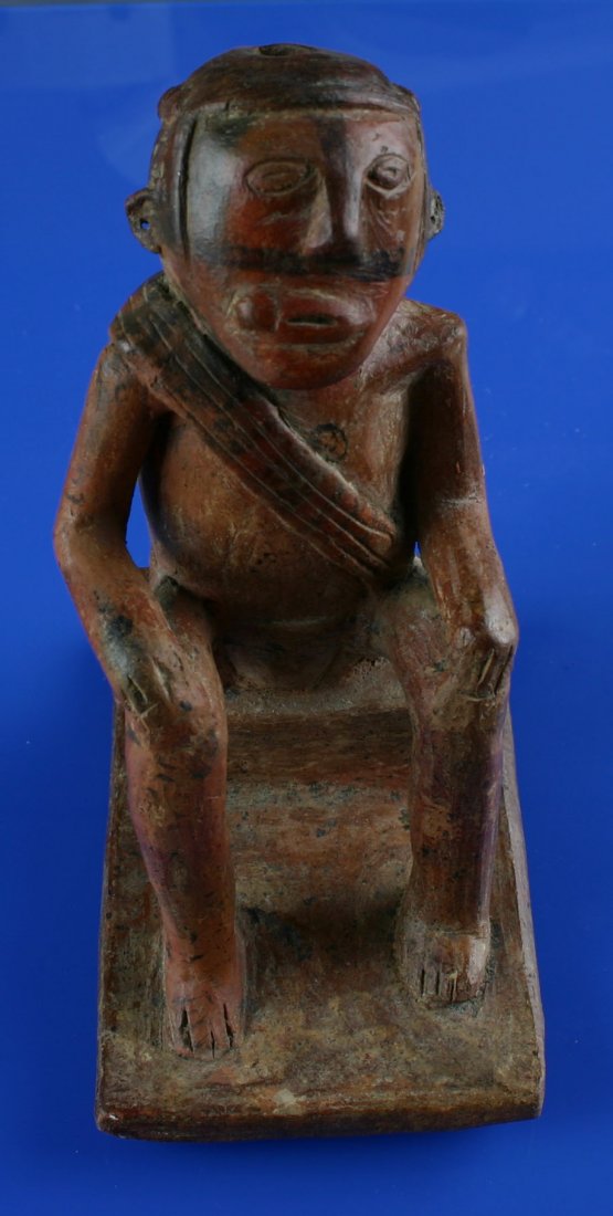 6" x 4 1/2" Seated Capuli Warrior 'Coquero': Excellent PreColumbian figural of a Capuli culture Shaman with wad of Coca leaves in one cheek. Detailed with linework and excellent mineralization. Southern Colombia. Circa 800-1500 A.D.