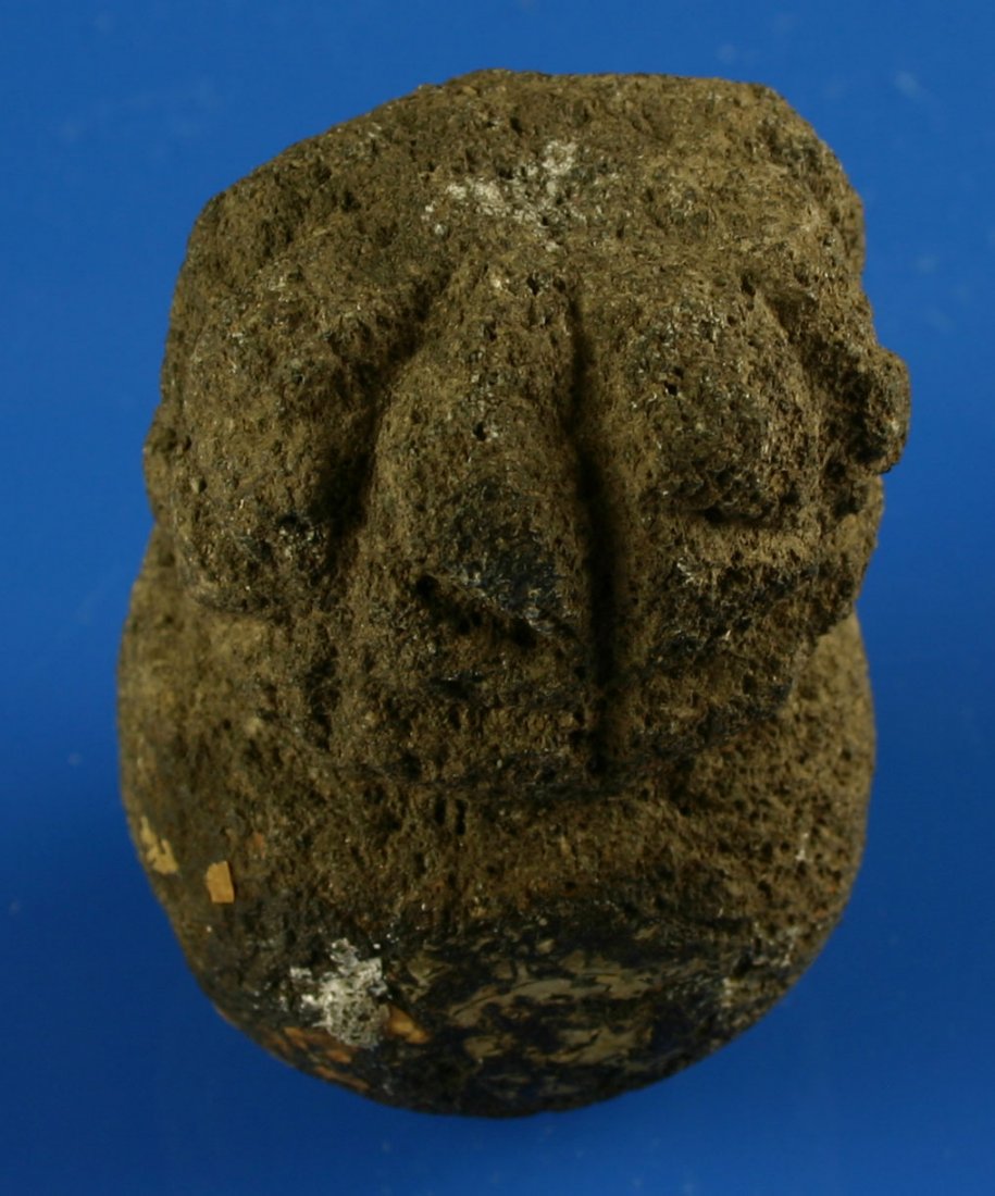3" Mace Head: Small Basalt/Scoria Mace head with degraded museum tag. Central America.