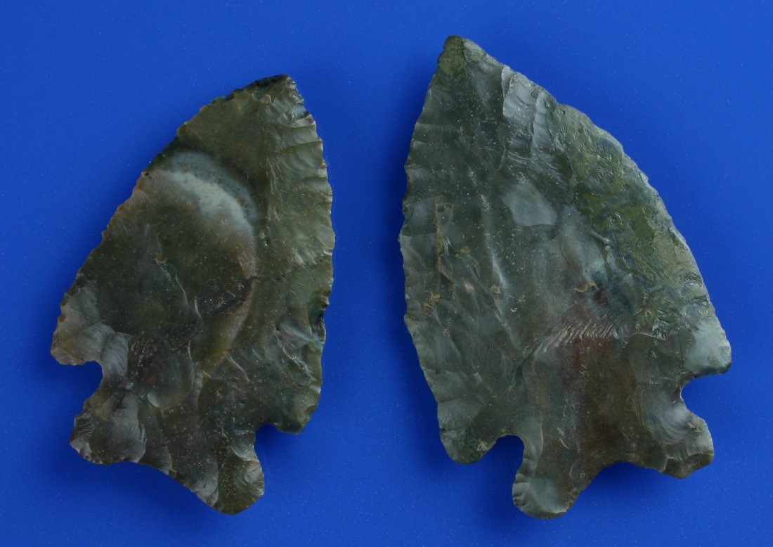 Pair of Large Sonora MacCorkles: Both found in Kentucky. Both Ex- John Sears Collection. Biggest is 3 1/8" and smaller one is 2 3/4". Both gorgeous Sonora Flint with purples, greens, and reds. Big one has minor ear and tip restoratio