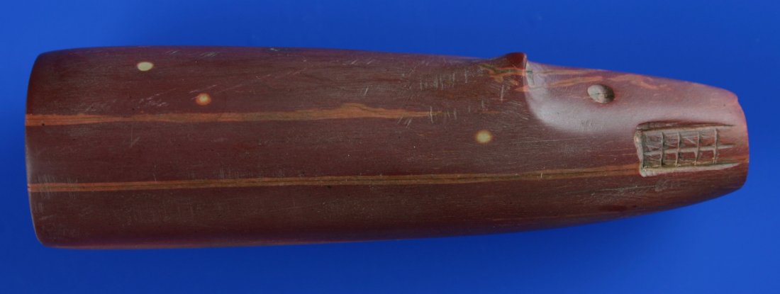 4 1/4" Bear Effigy Plains Type Tube Pipe: Made of pretty Catlinite and expertly crafted with nice detail. Teeth, ears, eyes, are very discernable. Nice polish and nice condition. Trade Era example, possibly even Late Historic.