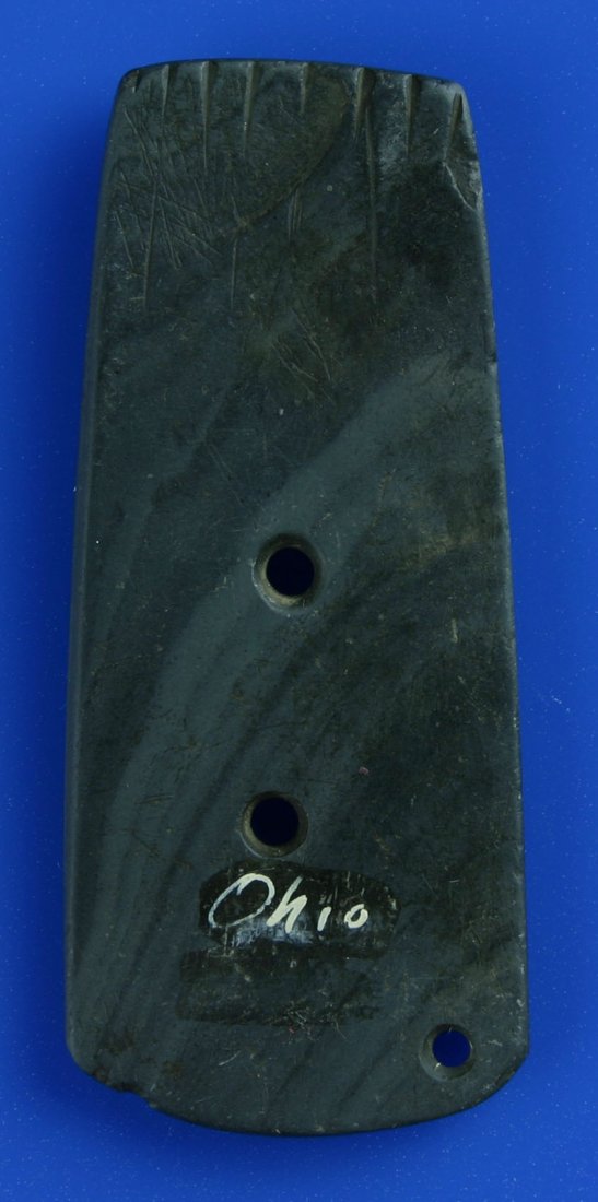 3 1/4" Tallied Gorget - Davis COA: Green Banded Slate example salvaged from a larger example. Numerous tallies. Ohio. Davis COA