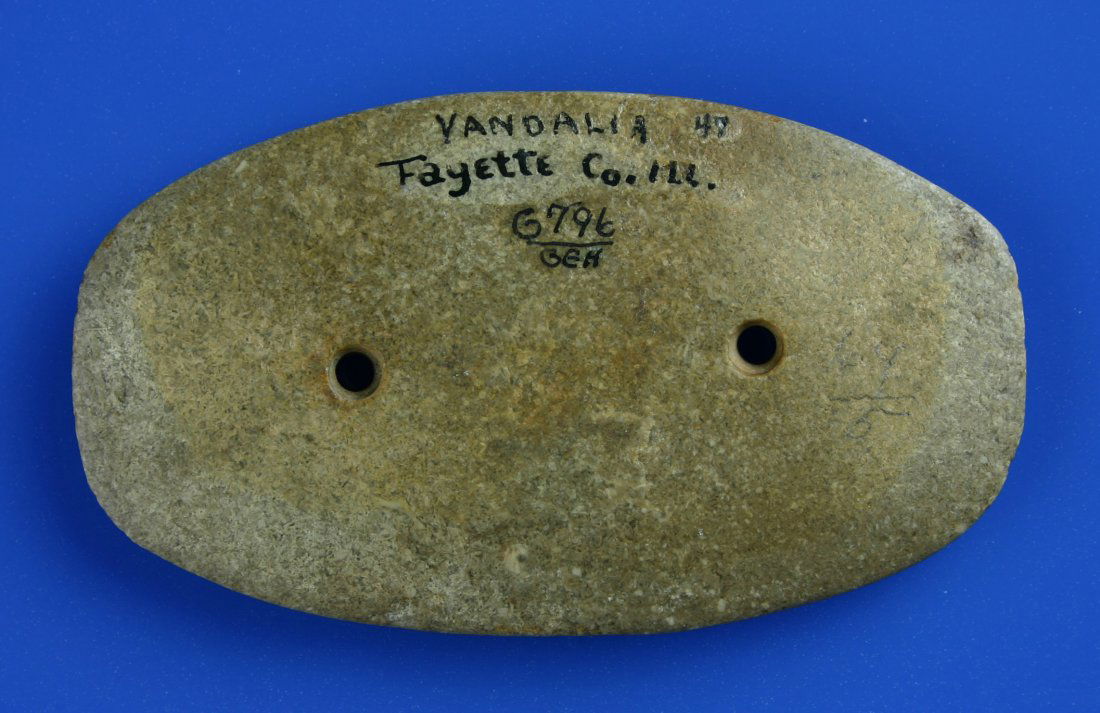 4 3/16" Gorget - Davis G-10 COA: Beige Hardstone example found near Vandalia in Fayette Co., Illinois. Ex - George Eckhart Collection (G796/GEH) Also possibly Ex - Meuser (64/5 or 69/5?) In any case an exceptional piece. Davis G-10 C