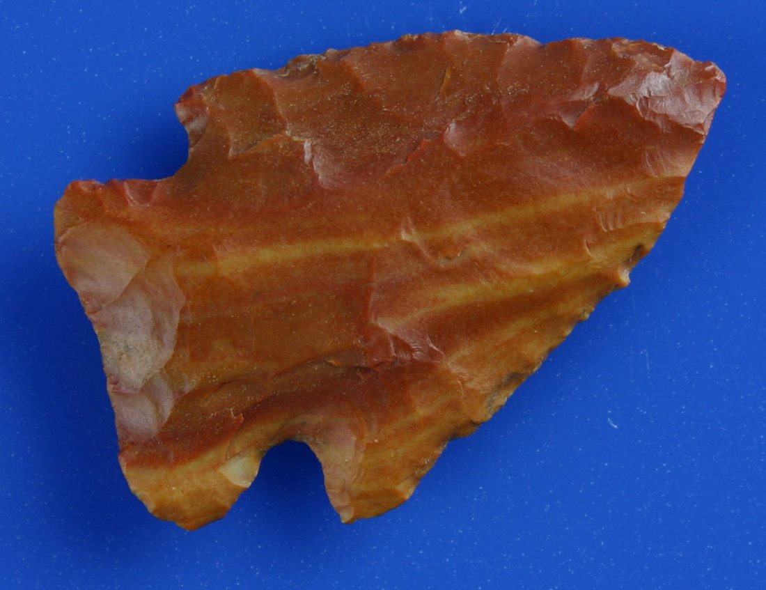 1 7/8" Archaic: Colorful red/yellow striped Carter Cave flint from Central Kentucky. Ex - Joe Daugherty Collection.