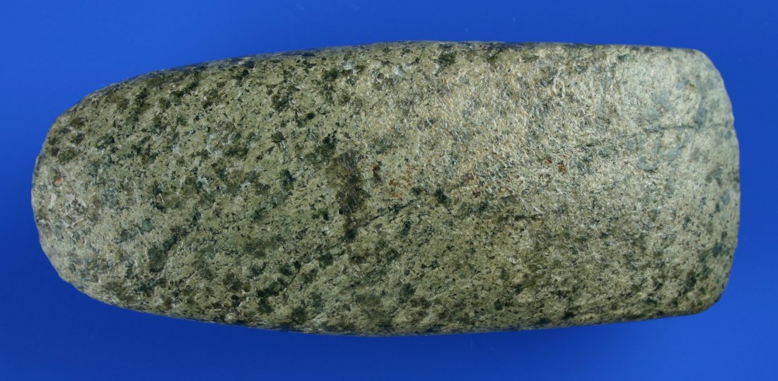 Perfect 4 5/8" Celt: Beautiful cream and green granite with huge speckles. Highly developed form with square sides and extreme high over its entirety. Found in Ohio. Ex- Gary Mumaw Collection.