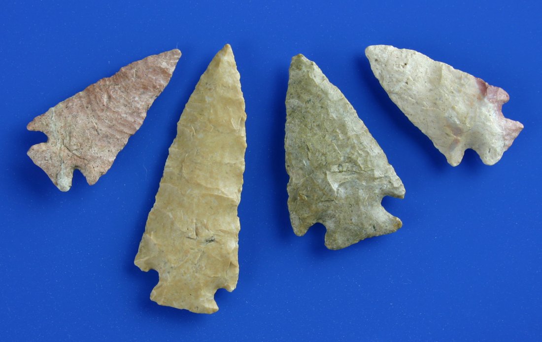 4 Tremendous Pelican Lake Types: Biggest measures 2 1/4". All ultra thin and made of Kay County Chert with nice river polish. All found by Homer Wooley in Kay Co., Oklahoma.