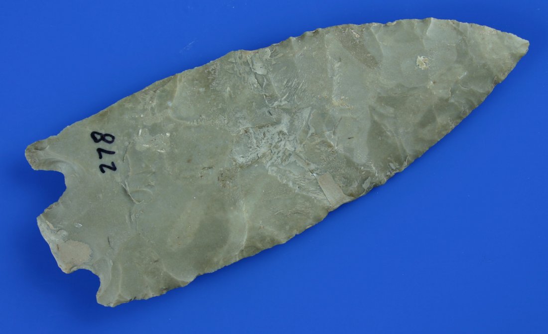 4 13/16" Base Tang Knife: Edwards Plateau Chert example from Central Texas. Broken in half and repaired with (well done) minor restoration present.