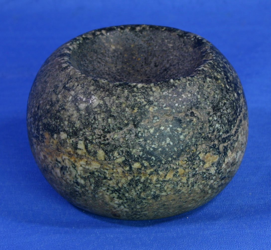 3 5/8"x2 7/16" Double Cupped Jersey Bluff Discoida: Nicely done example in polished Granite found on August 4th, 1943 on the George Gibbs Farm in Jersey Co., Illinois. Ex - Montie Milner Collection. Bennette, Earthworks COAs.