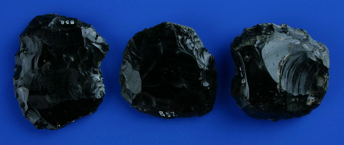 3 Obsidian Scrapers: Obsidian. All 2 inches plus. Out of an old collection from Northern California.